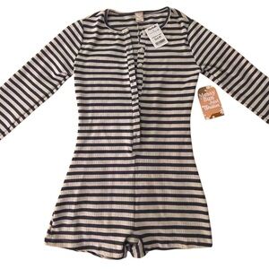 Striped Long-Sleeve Henley Romper in Navy and Cream